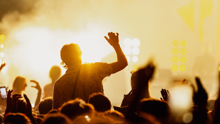 The silhouette of a man on someone's shoulders at a live music event with one arm raised