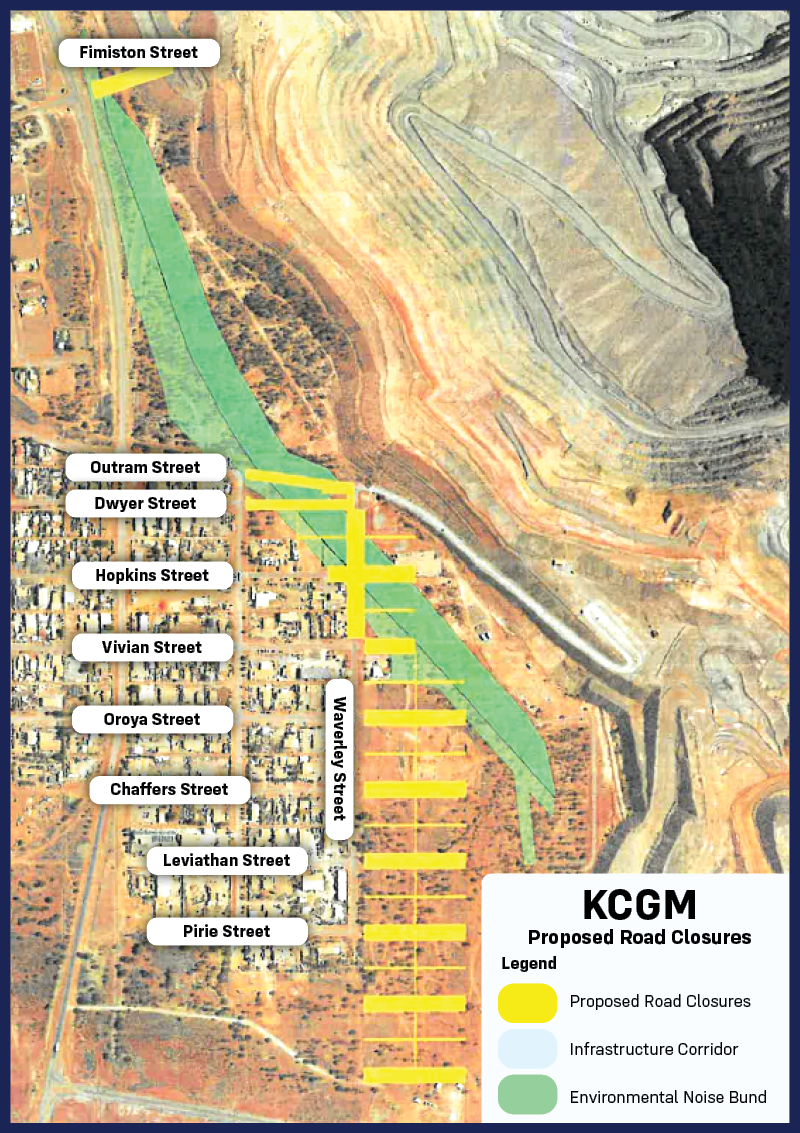 A map outlining proposed road closures near an open cut mine to make way for its expansion. 