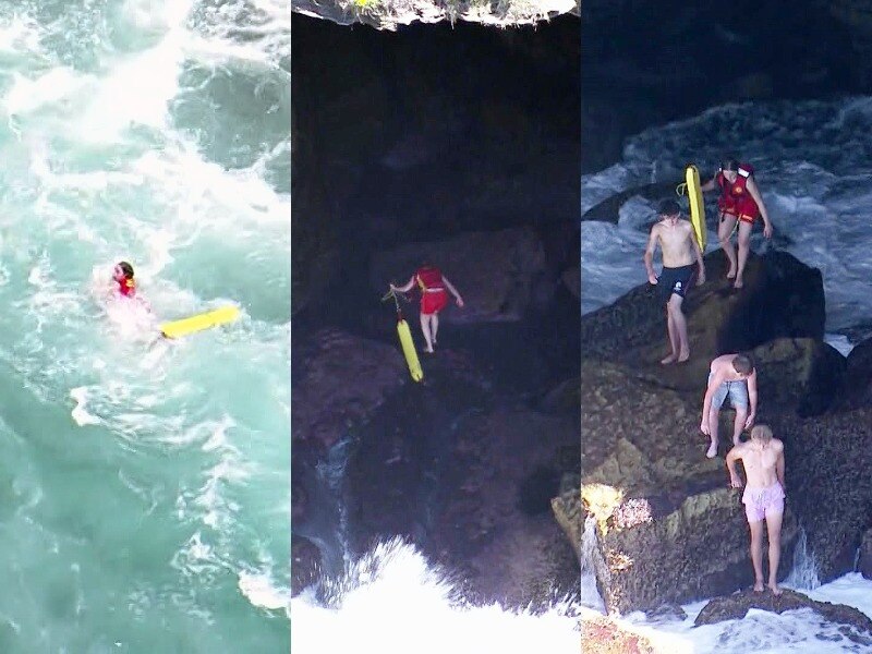 a composite image of a young surflisaver swimming to a cave and then walking out of a cave with three boys