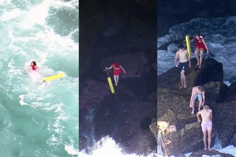 a composite image of a young surflisaver swimming to a cave and then walking out of a cave with three boys