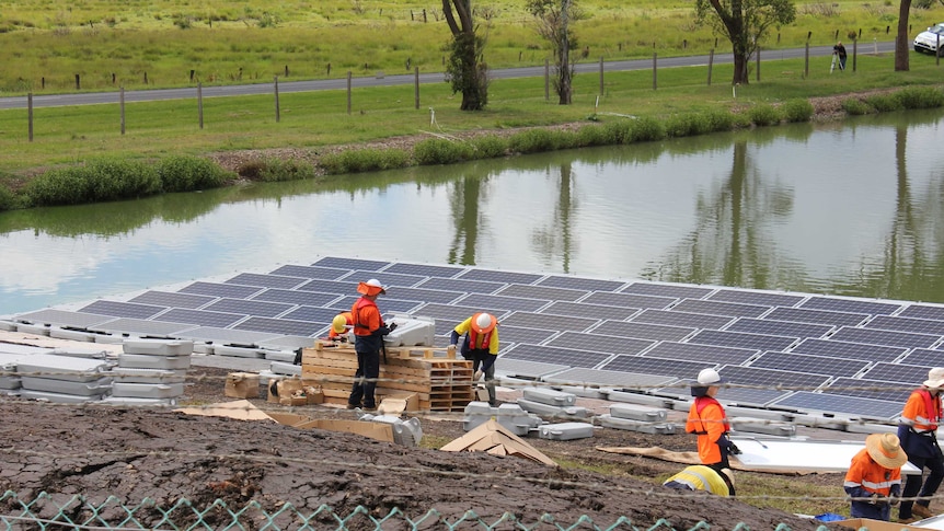 People working on solar panels near water