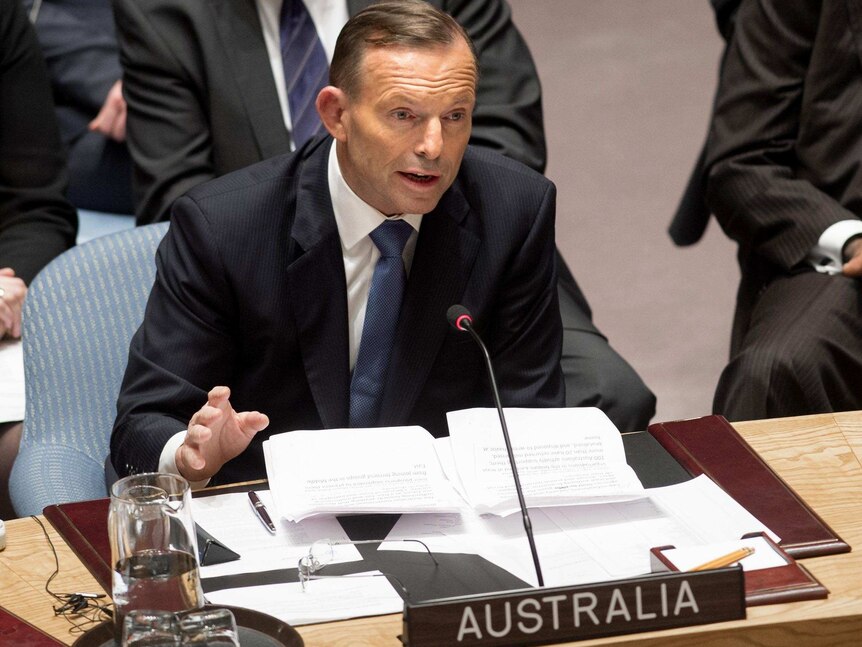 Prime Minister Tony Abbott speaks during a UN Security Council meeting.