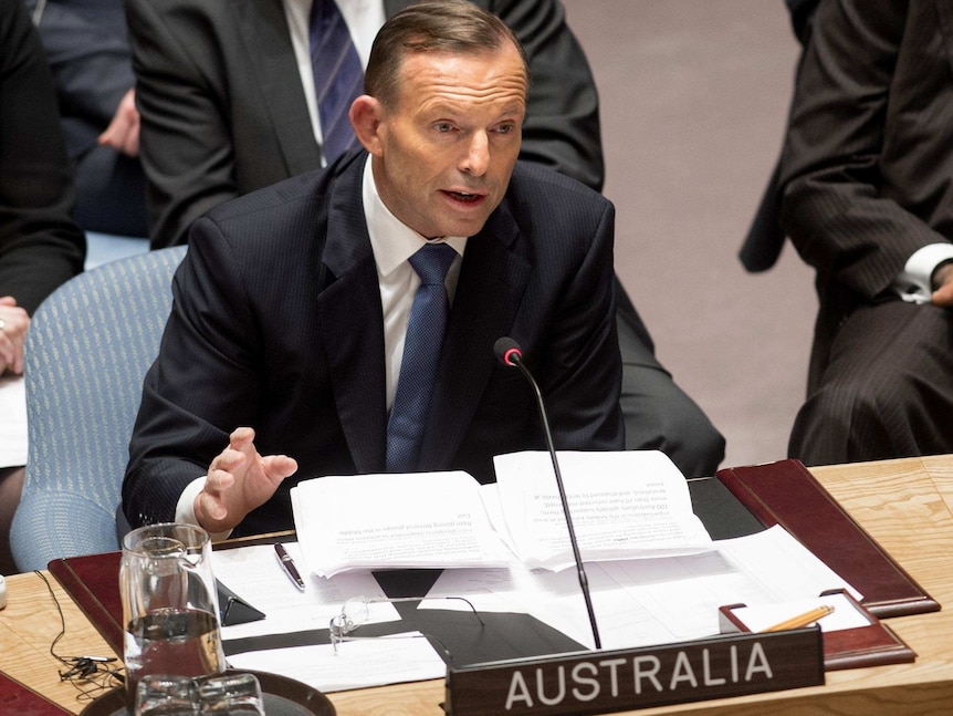 Prime Minister Tony Abbott speaks during a UN Security Council meeting.