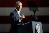 US President Barack Obama points as he delivers his farewell address in Chicago.