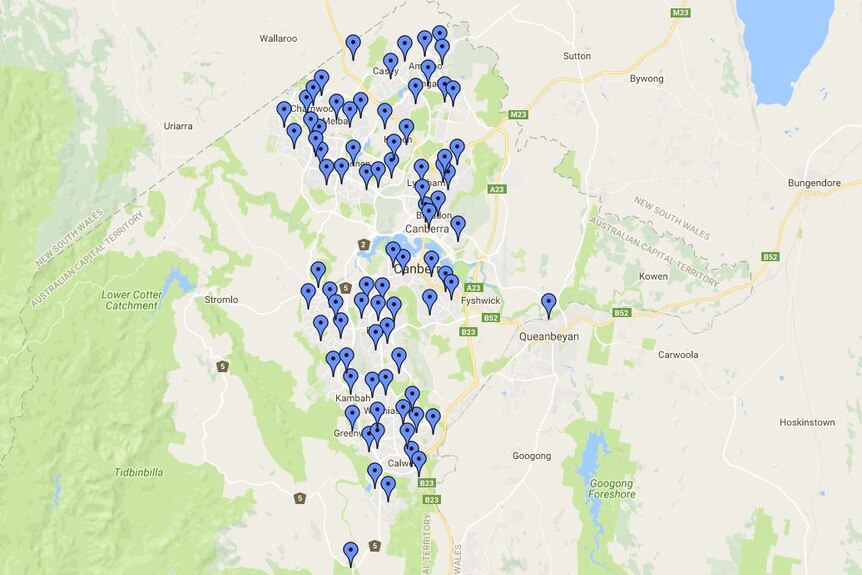 Google map image of polling places for the ACT election.