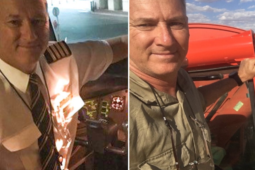 On the left, Andrew as a pilot. On the right, Andrew as a harvester driver.