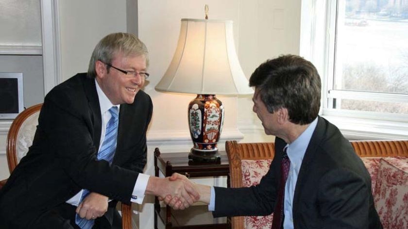 While in New York Mr Rudd also held talks with economist Jeffrey Sachs.