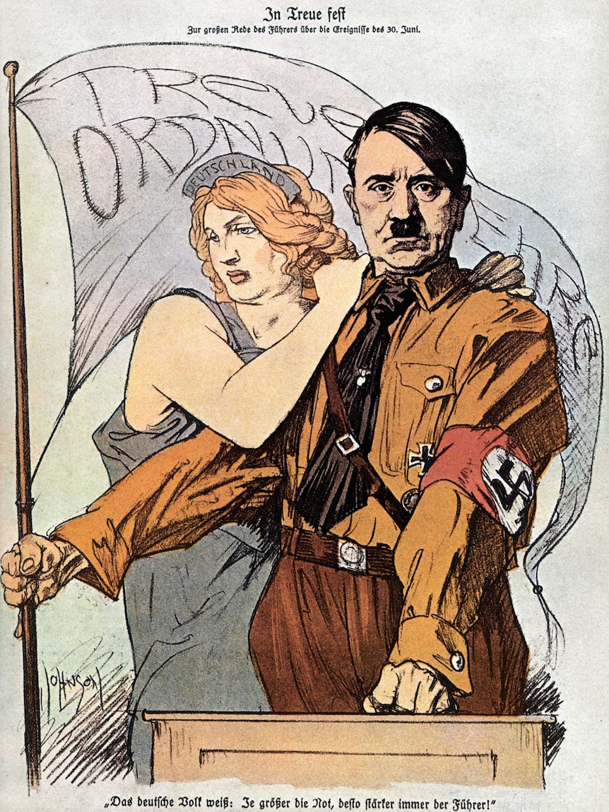 Nazi propaganda poster of Hitler with strong female figure