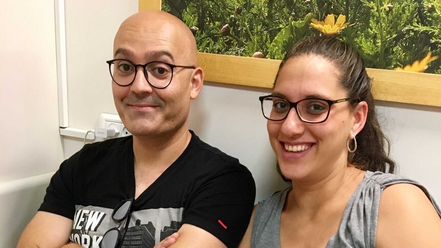 An Israeli couple, Yafit and Yoav, photographed in the hospital waiting room in Jerusalem.