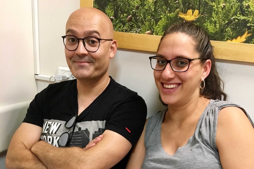 An Israeli couple, Yafit and Yoav, photographed in the hospital waiting room in Jerusalem.