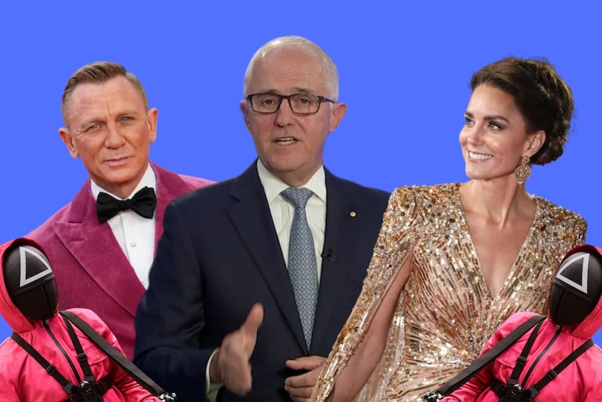 A collage of Daniel Craig, Malcolm Turnbull, the Duchess of Cambridge and two people in pink jumpsuits. 