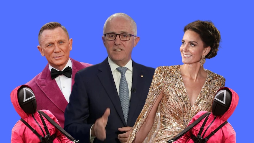 A collage of Daniel Craig, Malcolm Turnbull, the Duchess of Cambridge and two people in pink jumpsuits. 