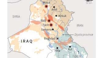 Map of Iraq highlighting its ethnic divide and locating towns under attack from Sunni insurgents.