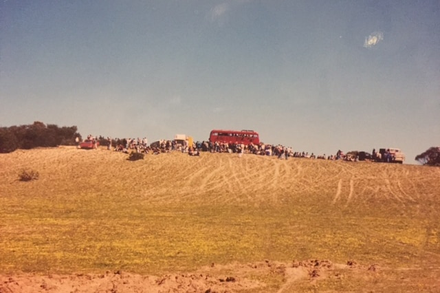 Crowds and a double-decker bus at Tintinara