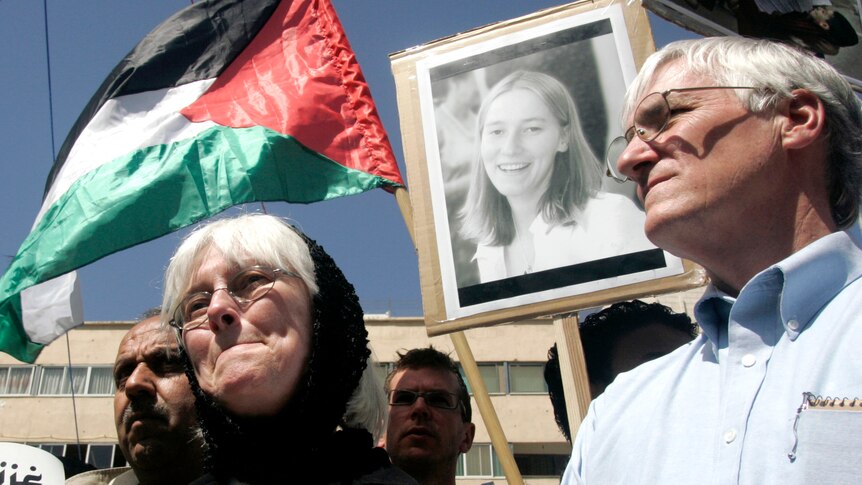 The parents of Rachel Corrie at a rally in Nablus marking the anniversary of her death