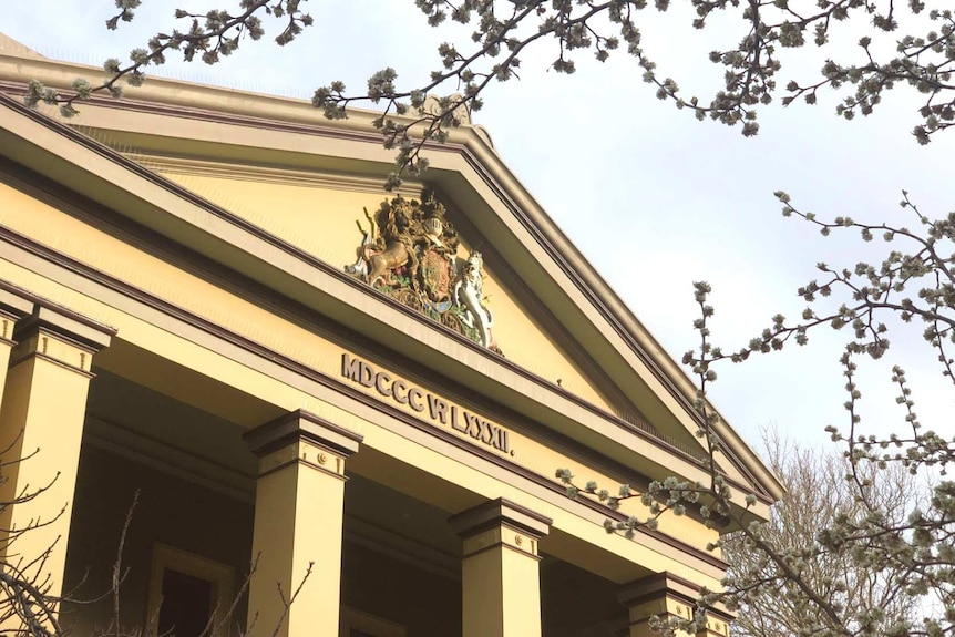 Blossoms flower over the historic facade of Orange courthouse.