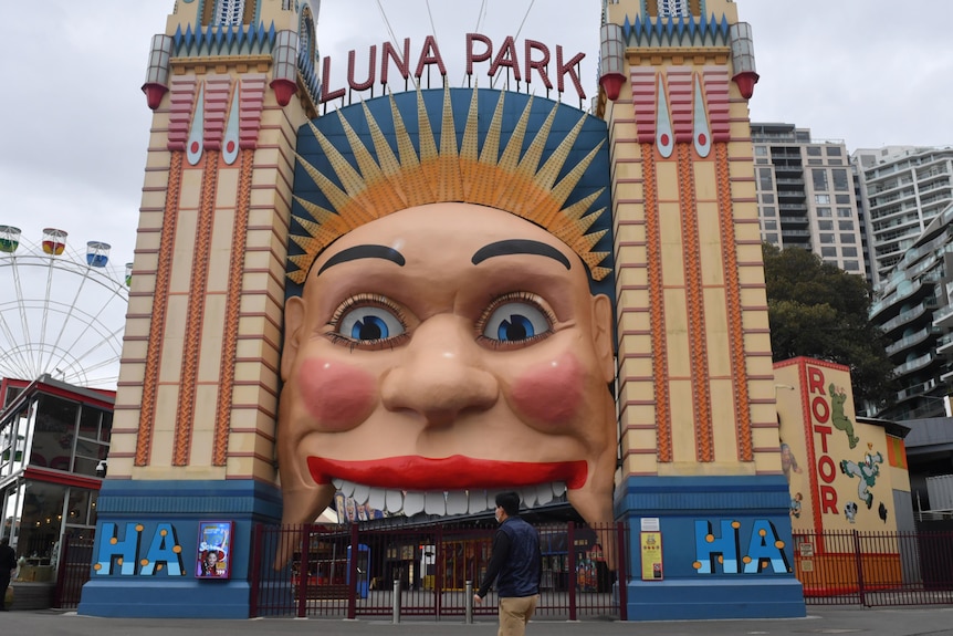Luna Park's entrance is a big smiling clown