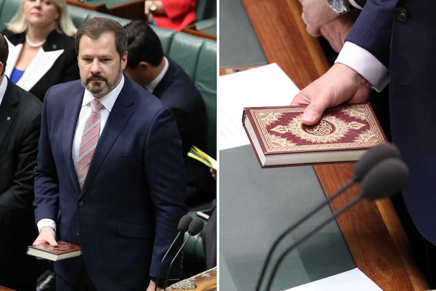 A composite image of Husic in parliament holding a Koran, and a close up of the Koran.