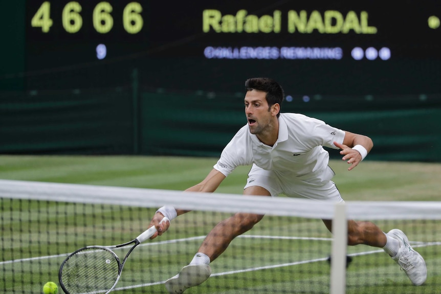 Novak Djokovic reaches for the ball near the net