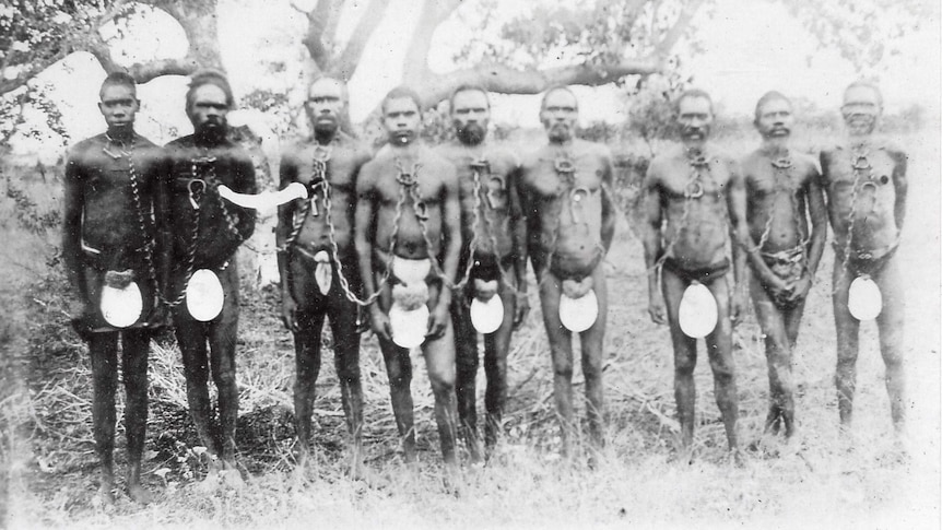 Chained Aboriginal prisoners wearing riji (carved pearl shell) as they stand int he mangroves of Broome c.1910