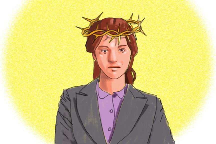 An illustration shows a woman wearing a crown of thorns.
