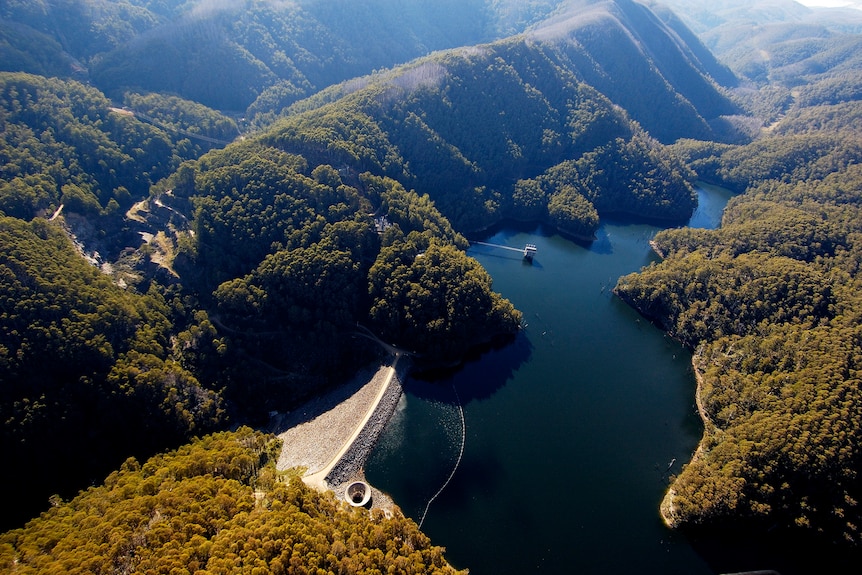 Aerial picture of dam in the forested hills of the Snowy Mountains.