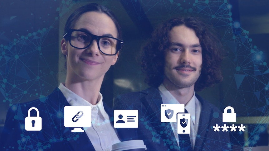 Justina and Alex in business suits smile to camera, icons representing cyber security concepts below.