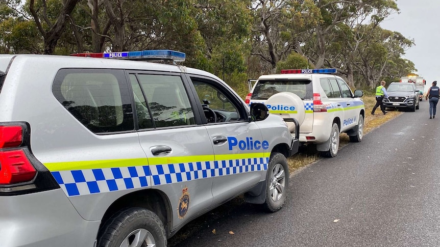 Tasmania Police cars parked along a sealed road with trees in the background