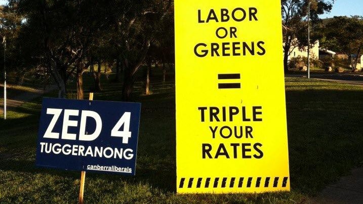 A bright sign saying 'Labor or Greens = triple your rates'.