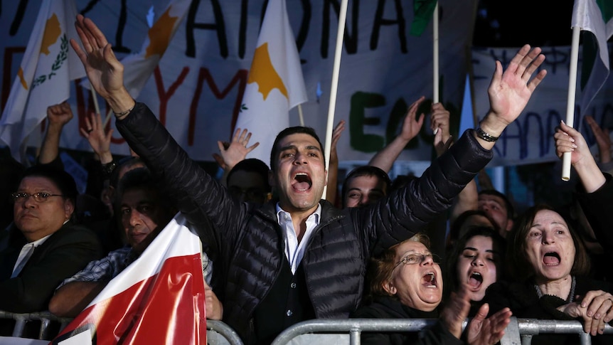 Protesters shout during anti-bailout rally in Cyprus