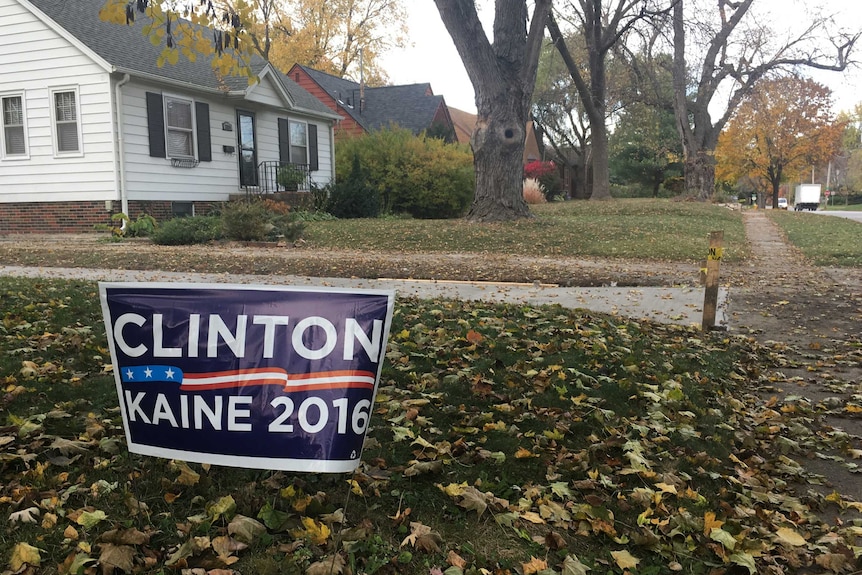 A Clinton Kaine 2016 campaign sign on a lawn in Des Moines, Iowa.