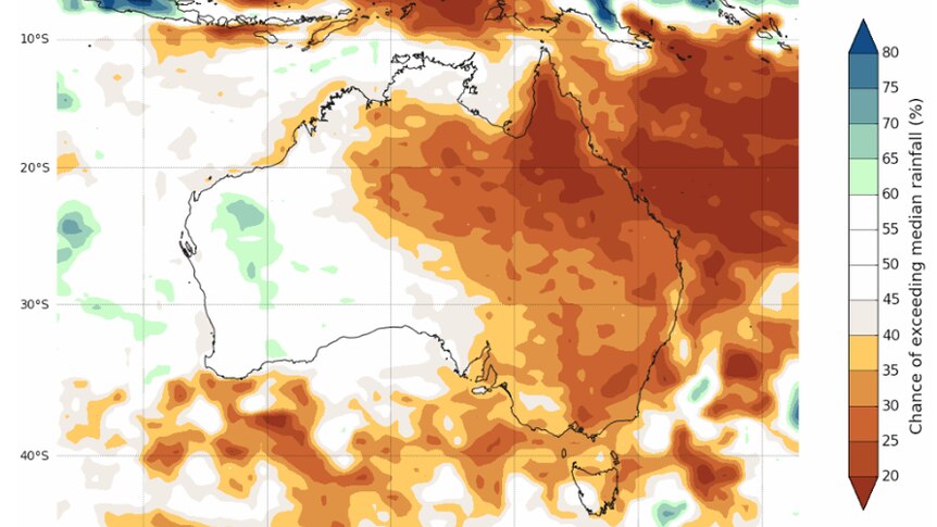 map of Australia brown and orange in the east indicating dry