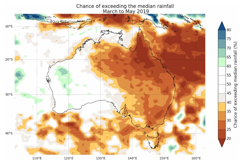 map of Australia brown and orange in the east indicating dry