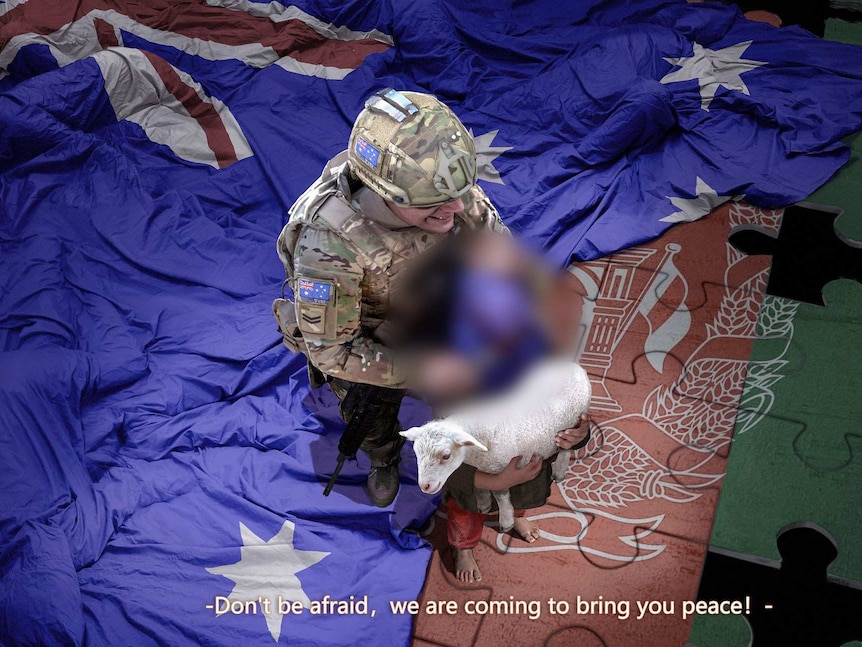 Someone dressed as an Australian soldier sitting on an Australian flag holding a knife to a child's throat, who's holding a lamb