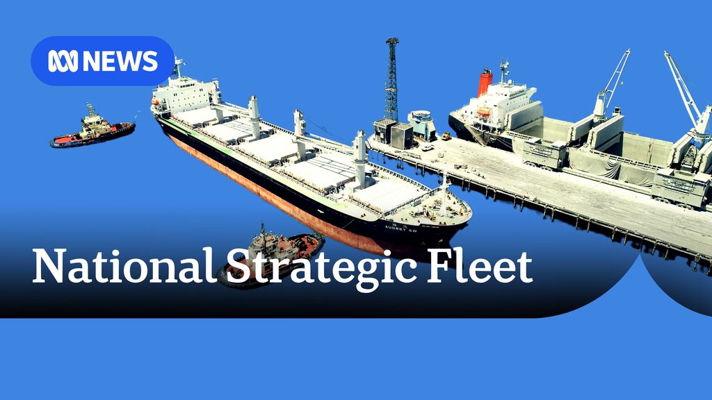 National strategic fleet.  Arial view of two tug boats piloting a container ship to a wharf.