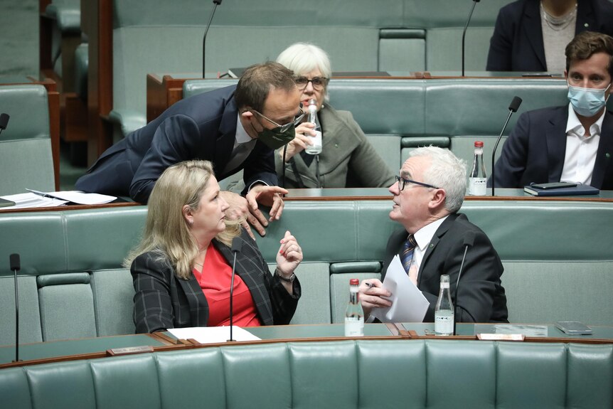 Bandt leans over a row of seats to speak to other politicians on the floor of the House of Representatives.