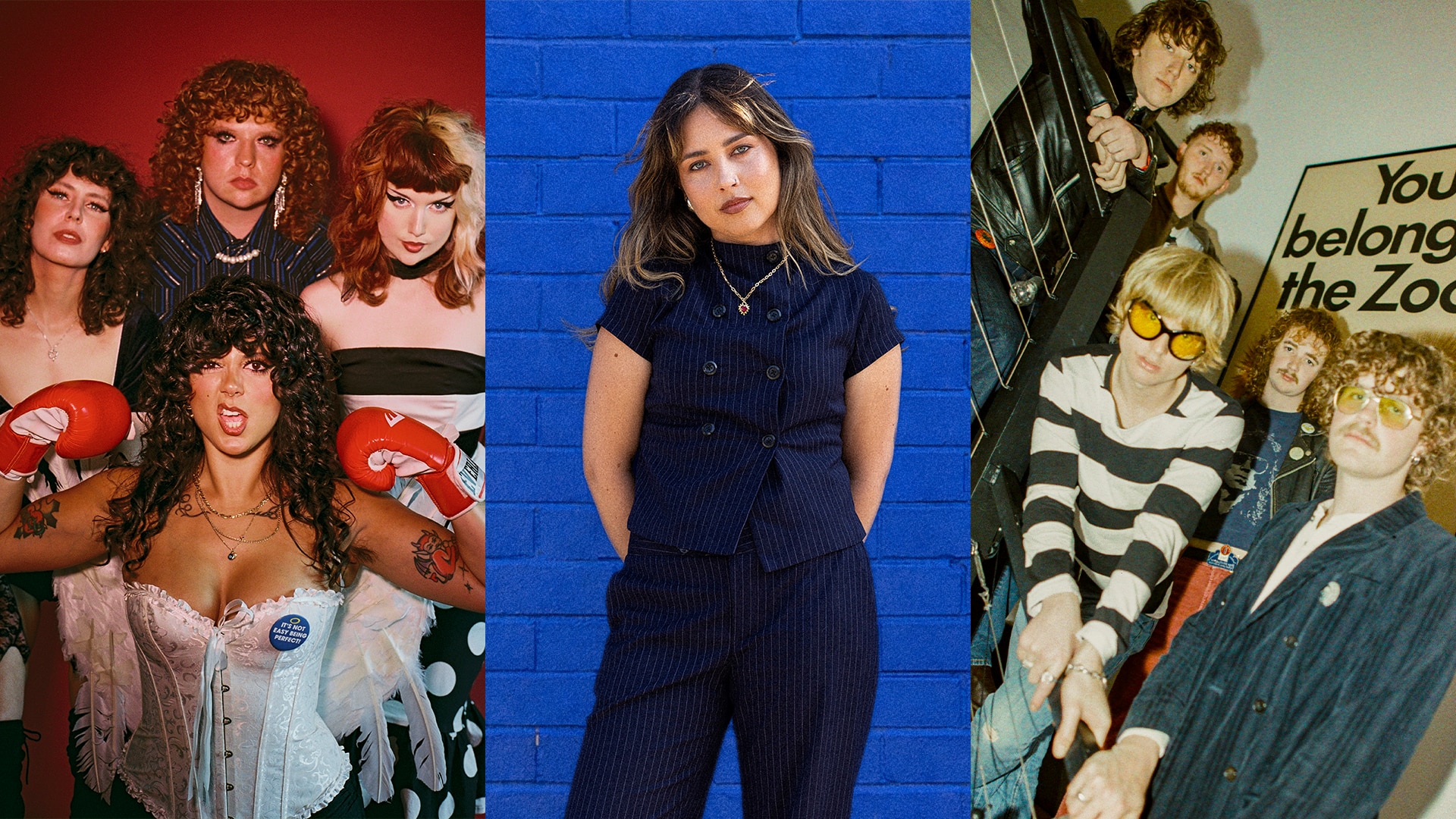 Splice of three images, one of four women on a red background, a solo woman on a blue background, and five men on a stairwell