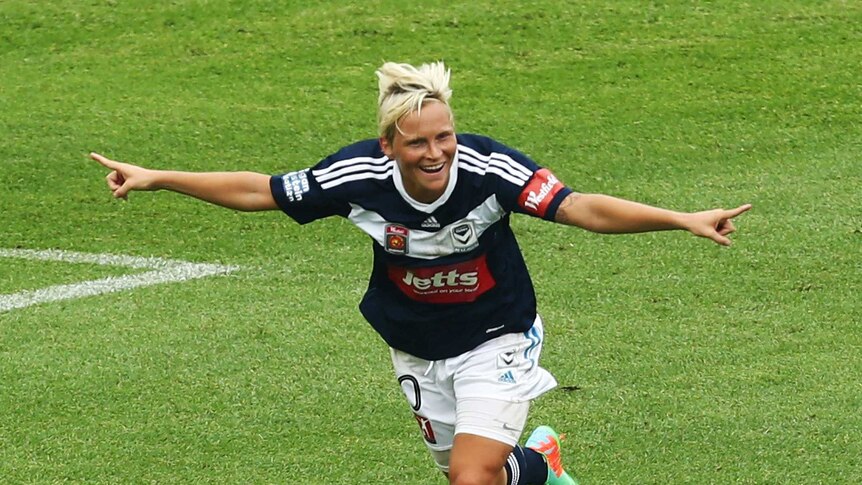 Jessica Fishlock celebrates a goal for Melbourne Victory