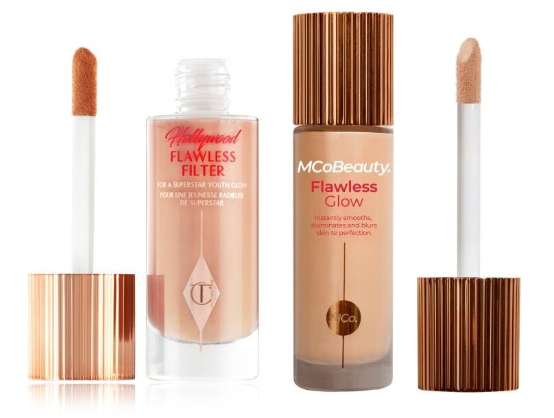 Two cylinder bottles with gold lids. One says Hollywood Flawless Filter, the other says Flawless Glow.