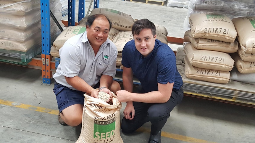 Two men crouch down to show off a bag of marrowfat peas.