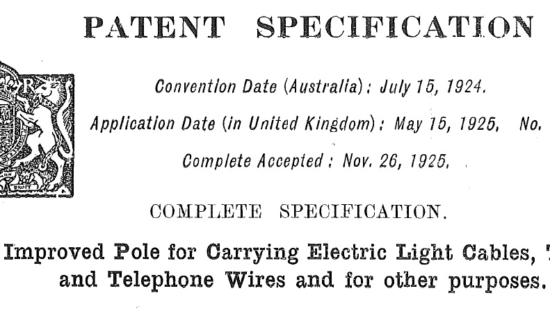 A picture of a patent specification in 1924 for the Stobie pole 