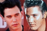 Actor Austin Butler alongside a young Elvis Presley