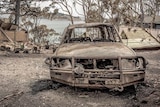 a burnt out car in front of a destroyed home
