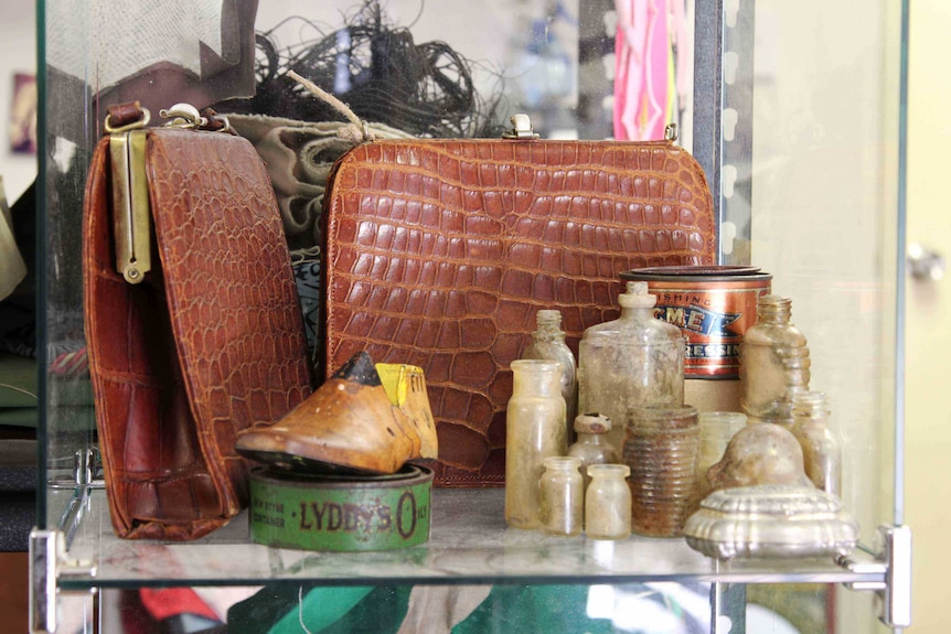 old crocodile leather handbags and old bottles