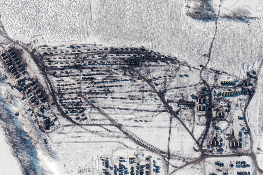 Aerial view of a formation on the snowy ground.