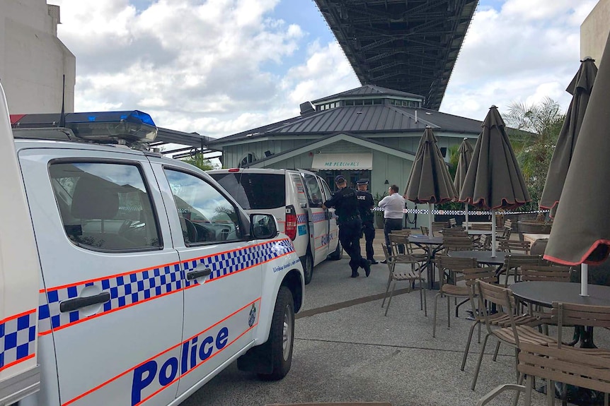 Police cars and officers outside a bar beneath Brisbane's Story Bridge