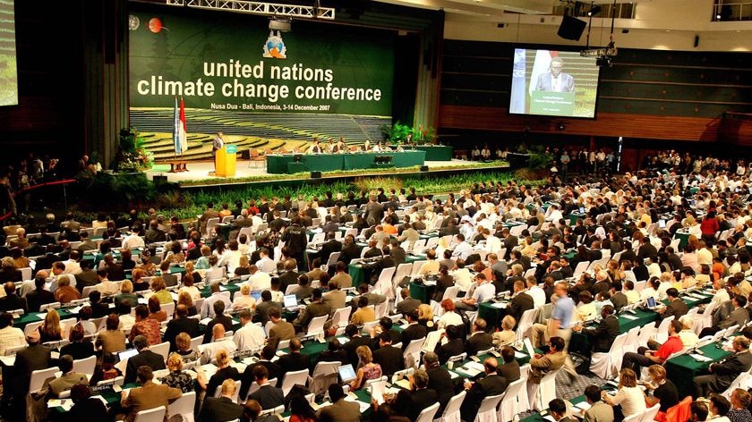 Delegates take part in the opening session of the the UN Climate Change Conference