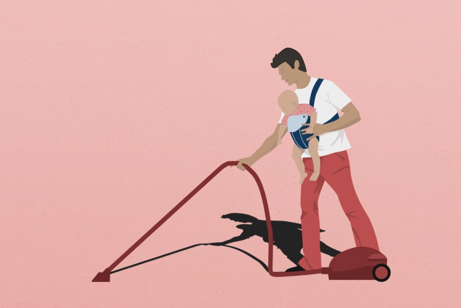 An illustration of a dad vacuuming with a baby strapped to him