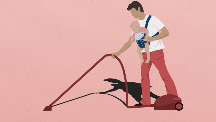 An illustration of a dad vacuuming with a baby strapped to him