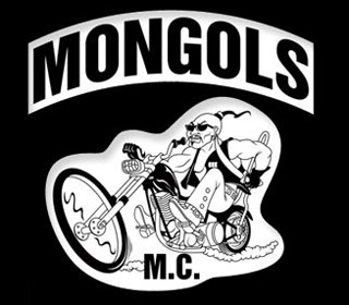 The word 'mongols' above a drawing of a man on a motorbike.